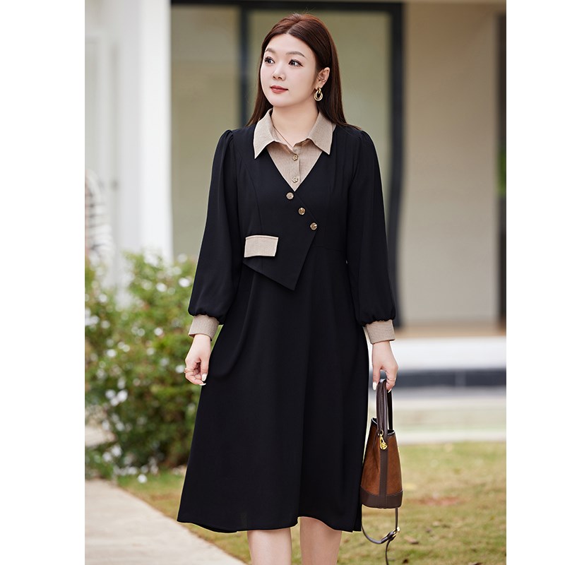 大码女装假两件套连衣裙早秋新款气质收腰A字显瘦胖MM衬衫裙长袖
