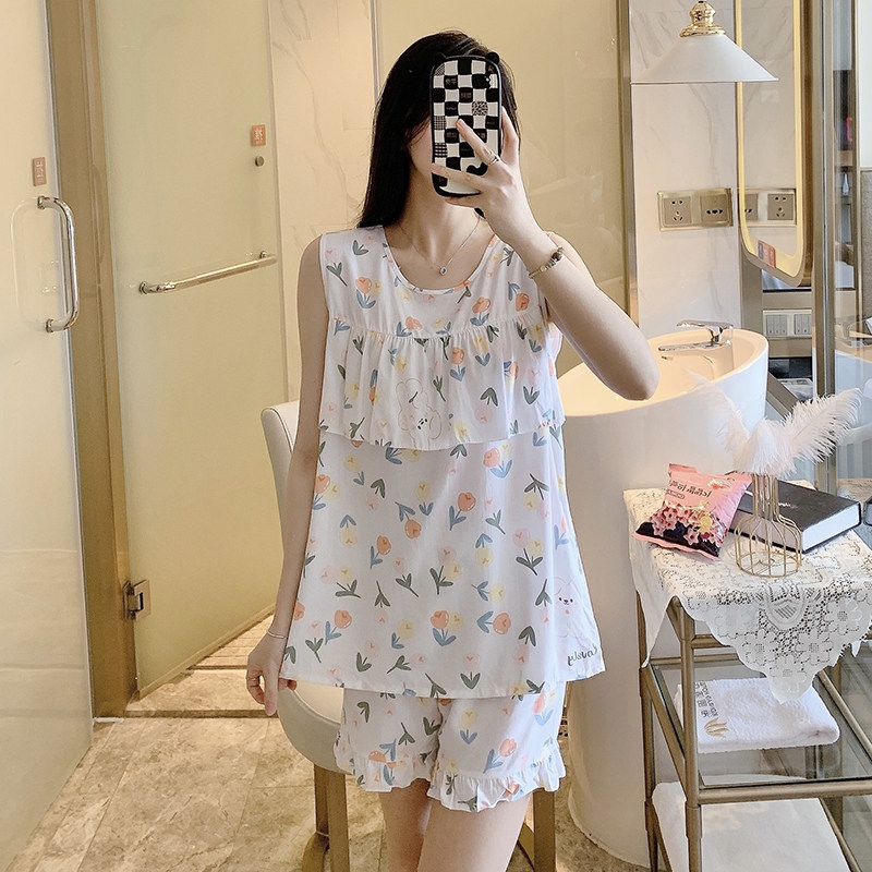 免穿内衣睡衣女士夏季超薄款棉绸夏天背心短裤无袖套装中老年妈妈