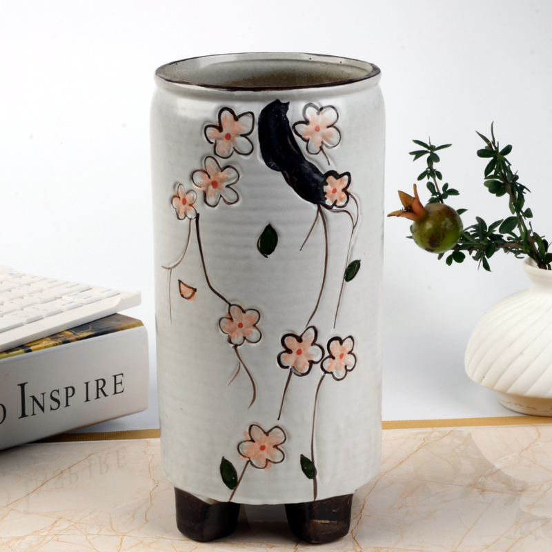 白色多肉植物花盆欧式简约手绘老桩高款法师陶瓷花盆干花花插器