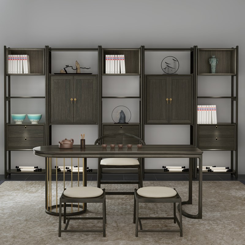 实木禅意书架办公室置物架新中式博古架展示架实木茶叶架书柜