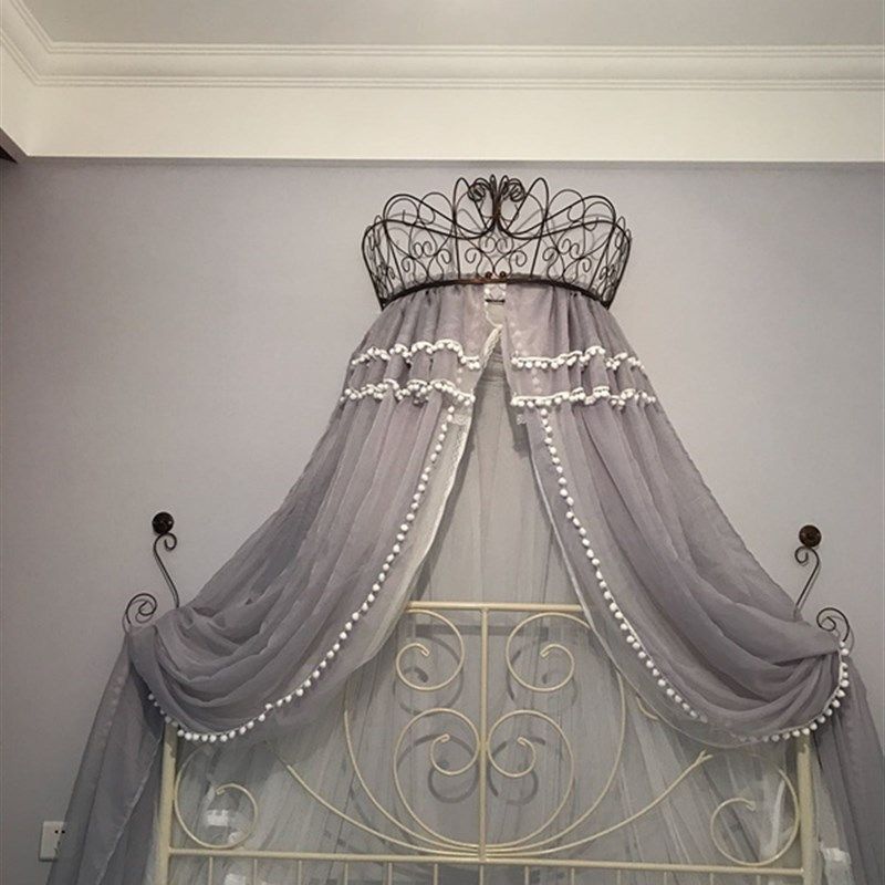北欧公主韩式雅灰宫廷毛球镶边床幔床头帘纱幔落地蚊帐防蚊含架子