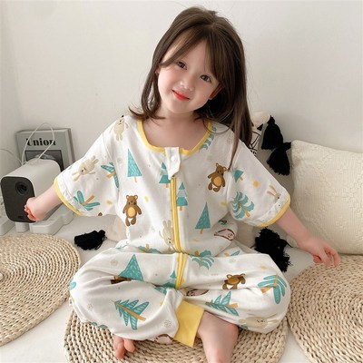 可拆袖儿童连体睡衣宝宝可爱超萌防踢春秋女童男童夏季纯棉居家服