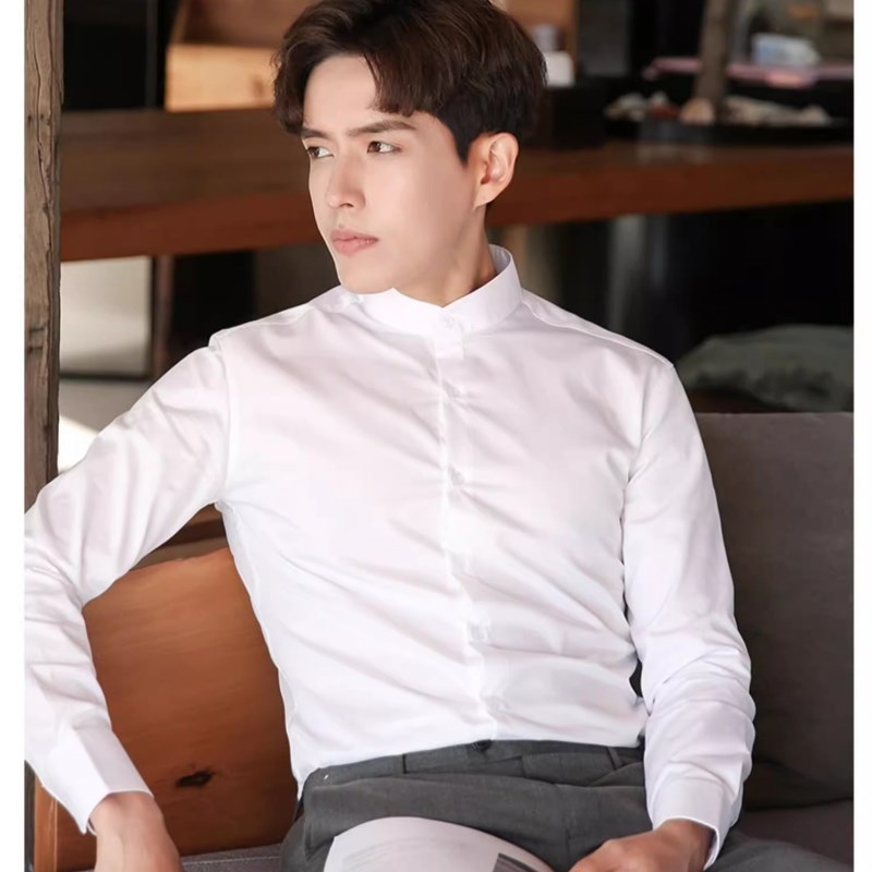 立领白衬衫男长袖春季职业正装中式无领商务圆领工装男士白色衬衣