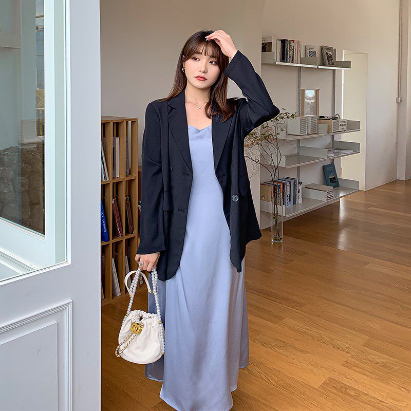 大码女装2024早秋新款胖mm气质西装外套宽松显瘦吊带连衣裙子套装