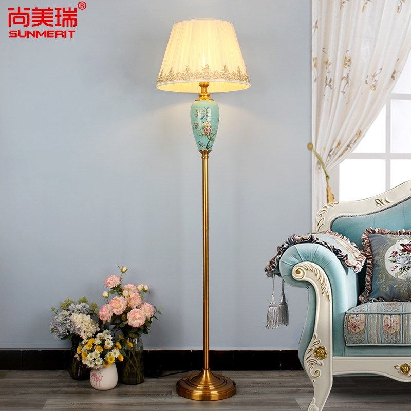 美式田园落地灯客厅欧式复古立式台灯卧室布艺陶瓷蓝色手绘花鸟