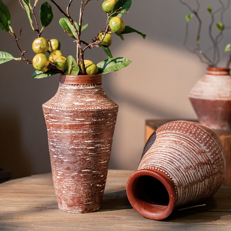 复古手工陶罐花瓶陶瓷土陶中式国风装饰摆件花器插花红陶粗陶花盆
