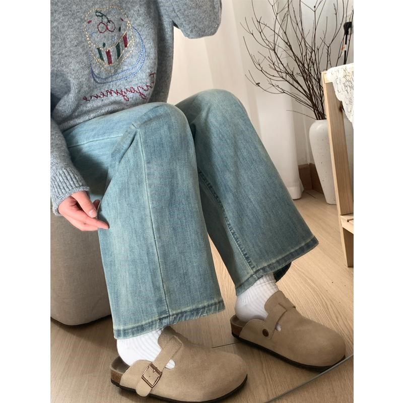 浅蓝色阔腿牛仔裤女春季新款胖mm梨型身材宽松显瘦高腰垂感直筒裤