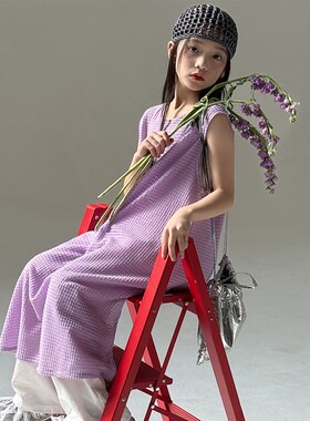 女童紫色镂空无袖背心连衣裙春季新款罩裙叠穿度假长裙小女孩裙子