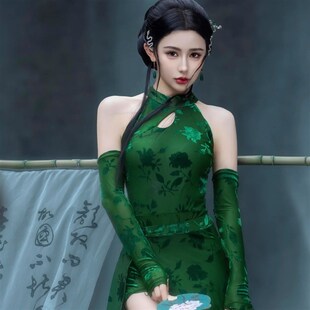 爵士古典舞改良国风旗袍舞蹈服青蛇高级绿色气质修身表演三件套