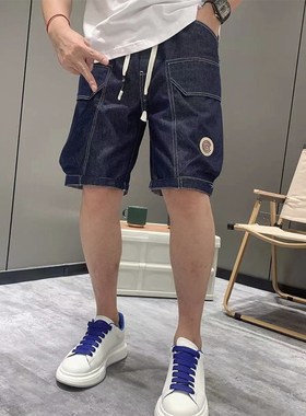 夏季蓝色牛仔短裤男士流行新款明线宽松直筒裤子青年工装风五分裤