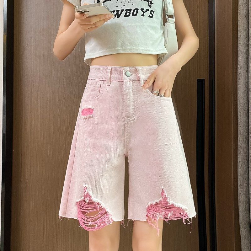 脏粉色破洞牛仔短裤女2024夏季新款高腰显瘦宽松直筒阔腿五分中裤,女装/女士精品,牛仔裤,淘宝优惠券,粉丝福利购,淘宝优惠卷