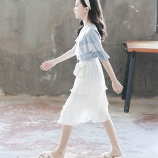 女童夏季纯棉连衣裙半身薄款蛋糕雪纺大童女孩两件套装过膝长裙子