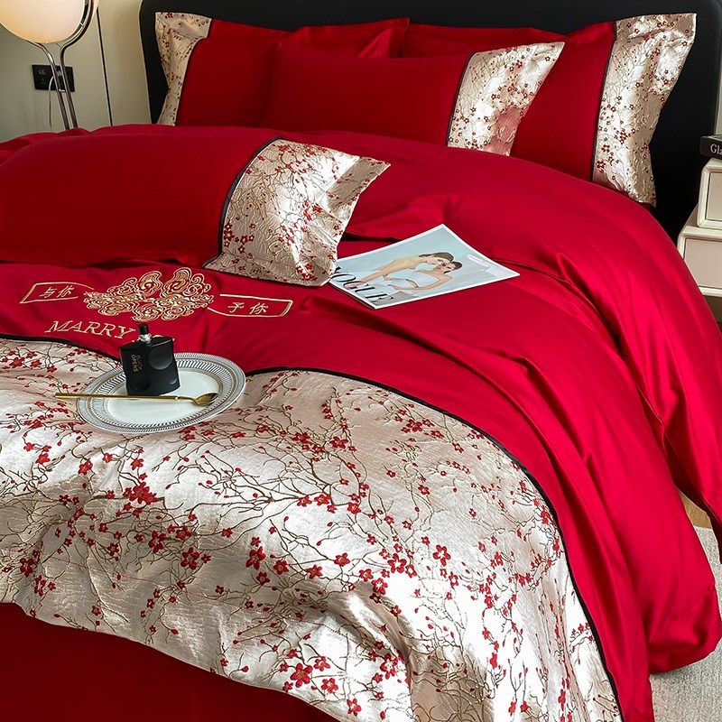 高端婚庆纯棉四件套结婚红色全棉被套床笠喜被新婚庆陪嫁床上用品