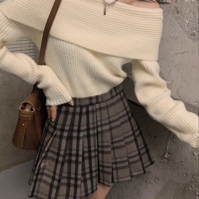 毛衣女款2025新款冬季气质针织衫一字肩斜肩加厚高端大气长袖上衣