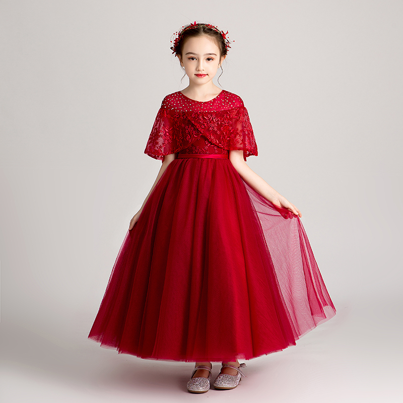 儿童红色礼服公主裙女童走秀小花童婚纱主持人钢琴演出服表演夏季
