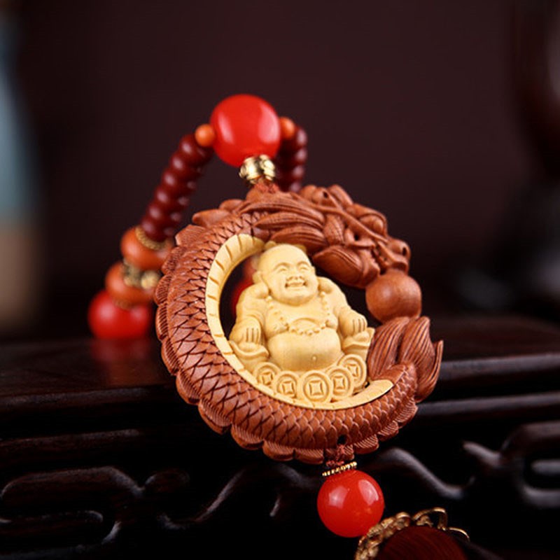 龙吐珠弥勒佛桃木汽车挂件镶嵌黄杨佛公保平安高档车内后视镜饰品