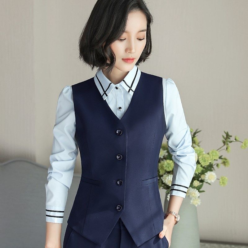 春秋女式西装马甲V领显瘦收腰工装带口袋职业套装马夹背心工作服