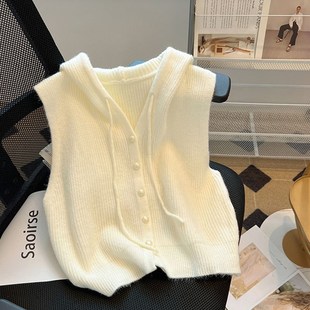 连帽开衫 女别致设计感小众叠穿上衣 无袖 针织马甲外套2024春秋新款