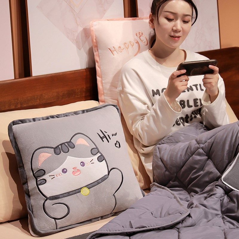 卡通猫咪抱枕被子两用加厚车载靠枕毯子二合一办公室靠背午睡枕头