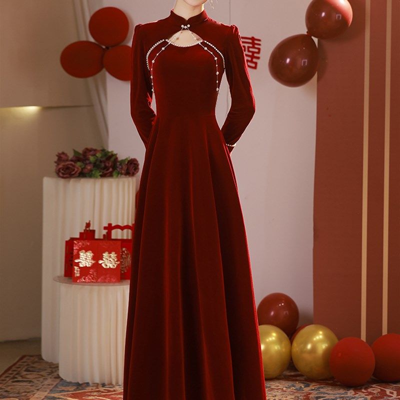 旗袍敬酒服新娘小个子订婚连衣裙冬季礼服裙女2023新款酒红色回门