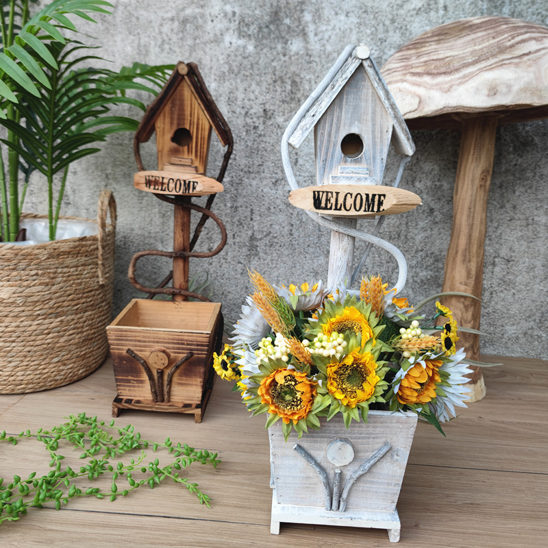 实木复古鸟屋创意木质花盆户外花园阳台橱窗道具幼儿园装饰摆件