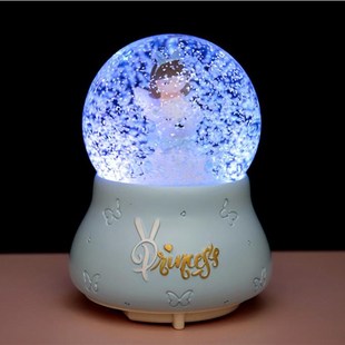 彩灯自动飘雪花旋转甜美兔儿妹玻璃水晶球音乐盒儿童女生日礼品