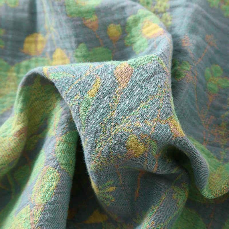 春夏薄款纯棉双层纱布女睡衣V领短袖七分裤复古提花可外穿家居服