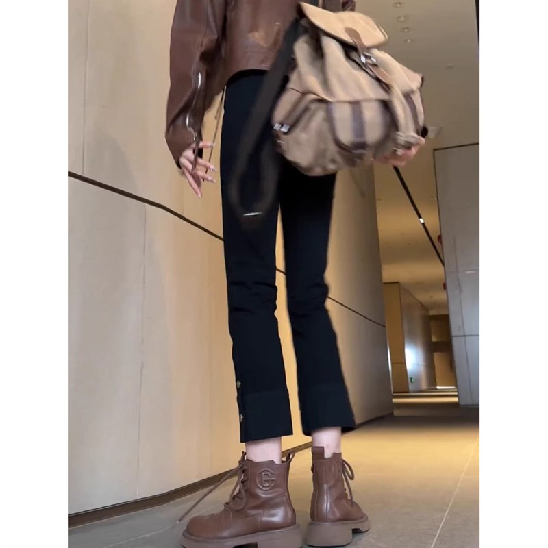 秋季新款黑色高腰弹力大码直筒牛仔裤女修身显瘦小个子九分烟管裤