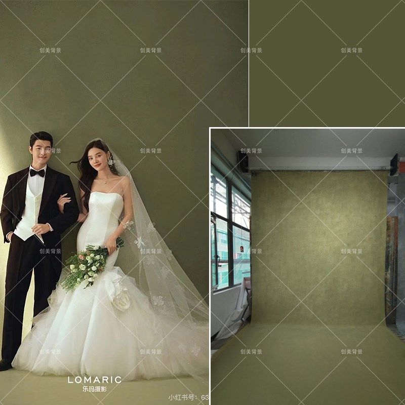 影楼婚纱加厚黄绿油画手绘背景布室内绿色油画写真拍照背景纸
