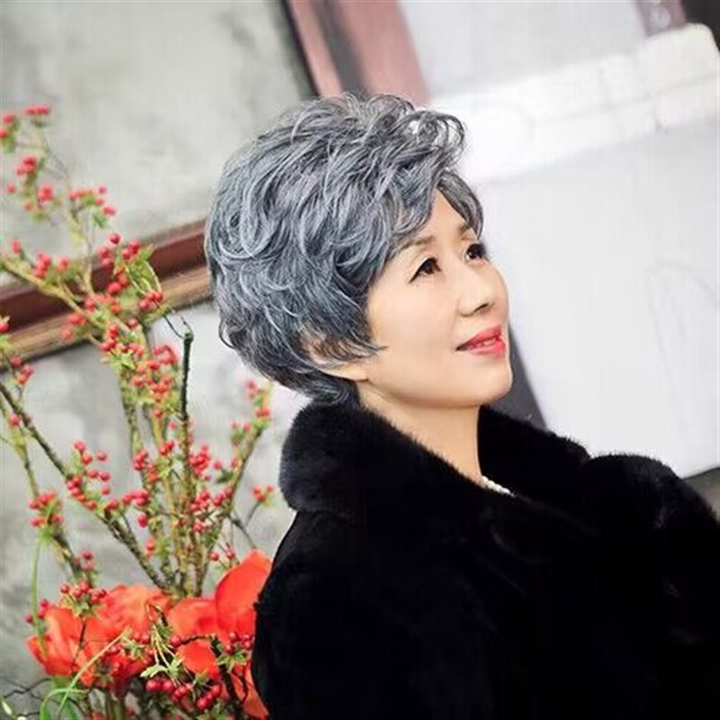 中老年假发慈爱妈妈花白款 短发假发自然蓬松短卷发表演假发发套