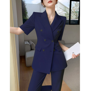 夏天西装套装女薄款2025新款高级感短袖小个子阔腿裤职业西服外套