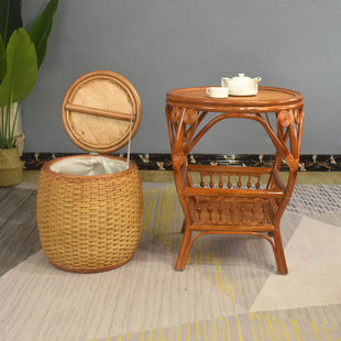 藤编收纳凳子储物凳可坐成人圆形矮凳腰鼓凳茶几凳组合小户型家用