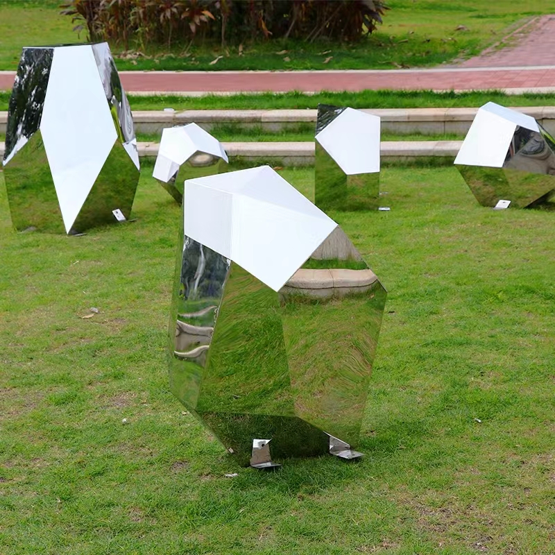 不锈钢镜面石头定制别墅户外园林景观售楼处几何艺术落地雕塑摆件