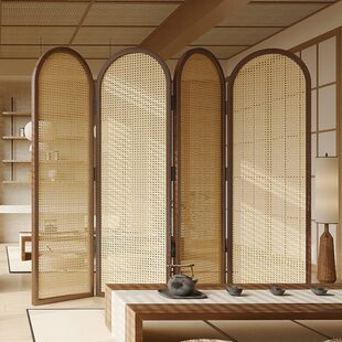中古折叠屏风隔断客厅卧室玄关家用遮挡办公室可移动实木藤编折屏
