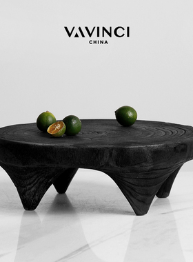 梵其炭烧c木质现代侘寂风圆形果盘托盘摆件样板间客厅茶几桌面软