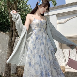 2024大码在逃公主长裙女温柔风高腰荷叶边晕染R闪片印花吊带连衣