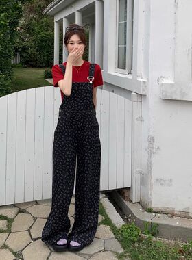 碎花牛仔背带裤套装女夏季新w款宽松显瘦休闲百搭直筒阔腿连体长