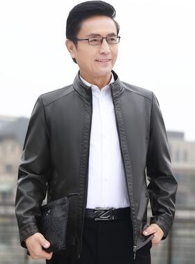 中年男士皮衣爸爸秋装外套春秋款中老F年人男装皮夹克衫薄款上衣