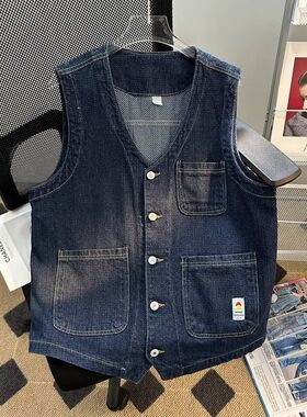 夏日系复古v领多口袋工装牛仔马甲男女生休闲无袖上衣服宽松外套