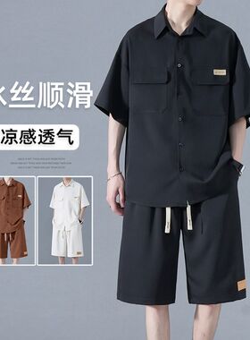 胖子夏季五分袖短衬衫工装套装男士宽松加L肥加大码薄款休闲套装