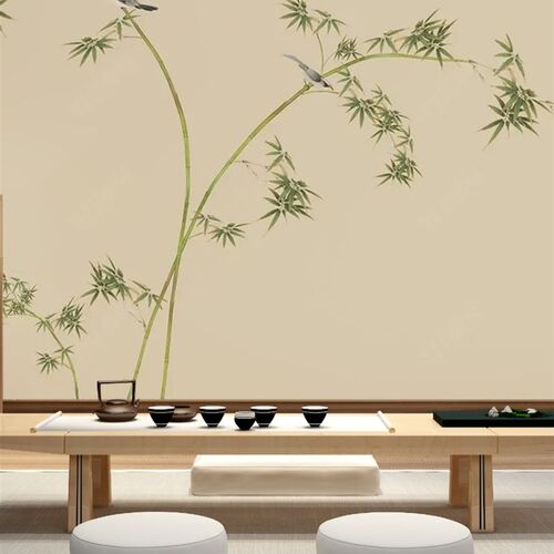 新中式花鸟画手绘竹子p环保壁画淡雅客厅电视背景墙纸卧室墙画壁
