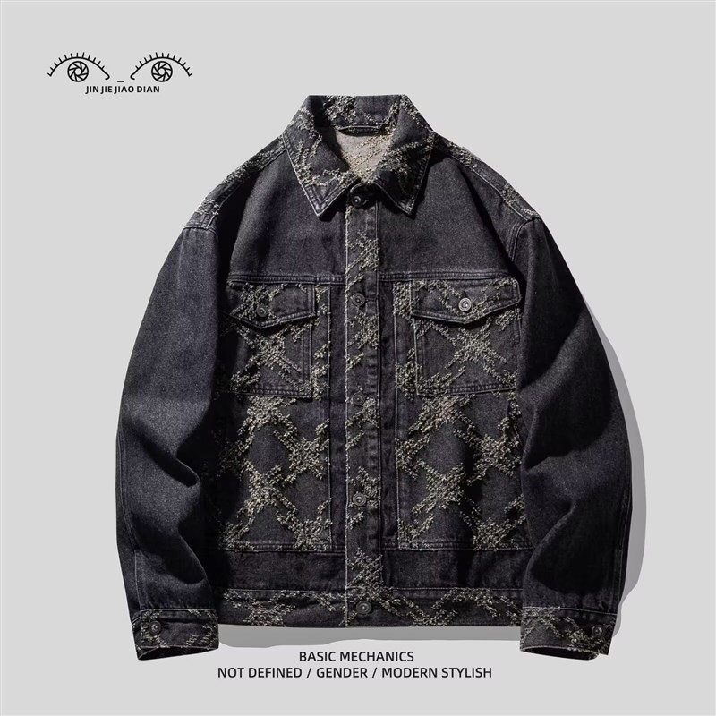 春秋季重工提花设计感男士牛仔外套猫爪勾花美式R高街宽松工装夹