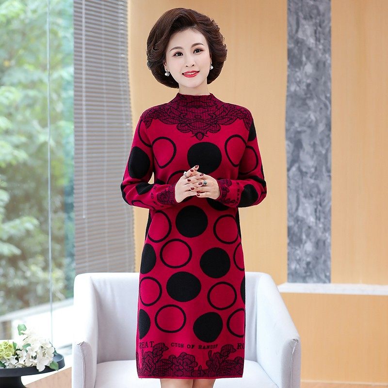 中老年人女装秋冬打底连衣裙加肥加大码胖妈妈装毛衣针织衫中长款