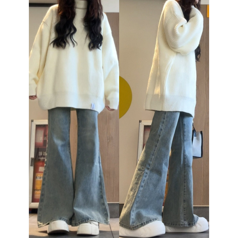 浅色牛仔裤女春秋季2024新款小个子高腰显瘦直筒微喇叭宽松阔腿裤