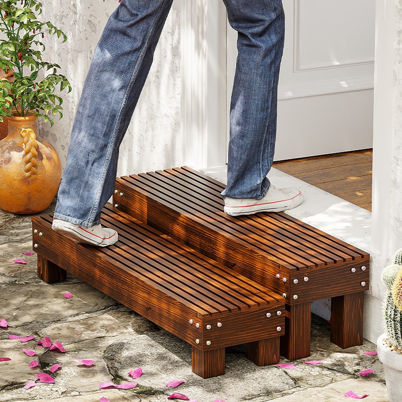 阳台木头阶梯室外二步台阶脚踏入户门口楼梯木质地面增高凳踏步板