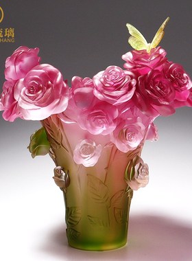 琉璃艺术品蝴蝶玫瑰花瓶客厅餐桌插花装饰品摆件轻奢高级乔迁礼物