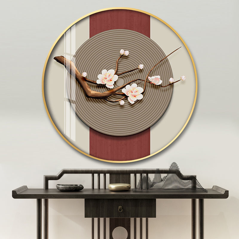 新中式餐厅挂画入户玄关装饰画书房茶室正对门圆形花卉背景墙壁画图片
