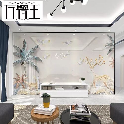 微晶石电视背景墙瓷砖客厅新中式影视墙现代简约3dX装饰 发财鹿