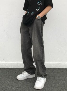 美式街头复古水洗拖o地阔腿裤碳灰色牛仔裤男潮牌宽松直筒坠感长