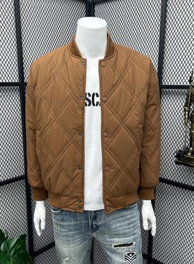 2023秋冬季棒球领加绒棉衣男菱形E格短款立领夹克棉服高街男潮外